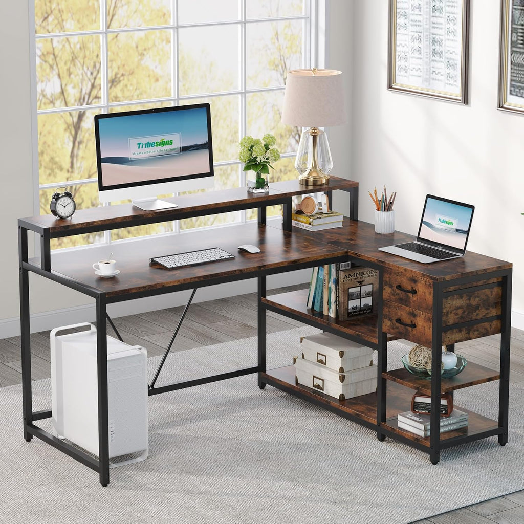Tribesigns Reversible L Shaped Desk with Drawer, Brown Corner Desk with Storage Shelves and Monitor Stand, Writing Table for for Small Space (Rustic)