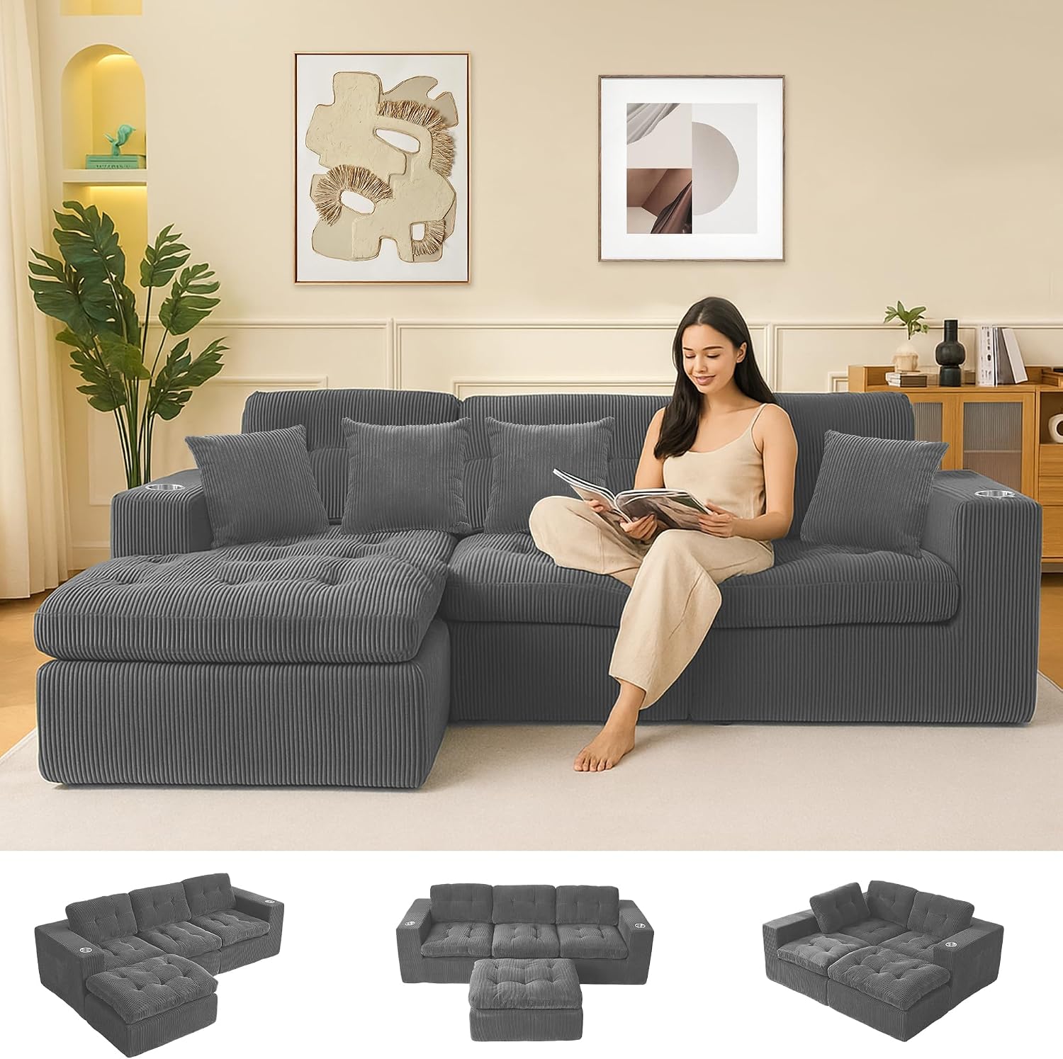 108 inch L Shaped Modular Sofa Bed, 50' Deep Seat Corduroy Boneless Sectional Couch with Ottoman No Assembly, 1400lbs Capacity Cloud Sleeper for Living Room Apartment (Dark Gray)