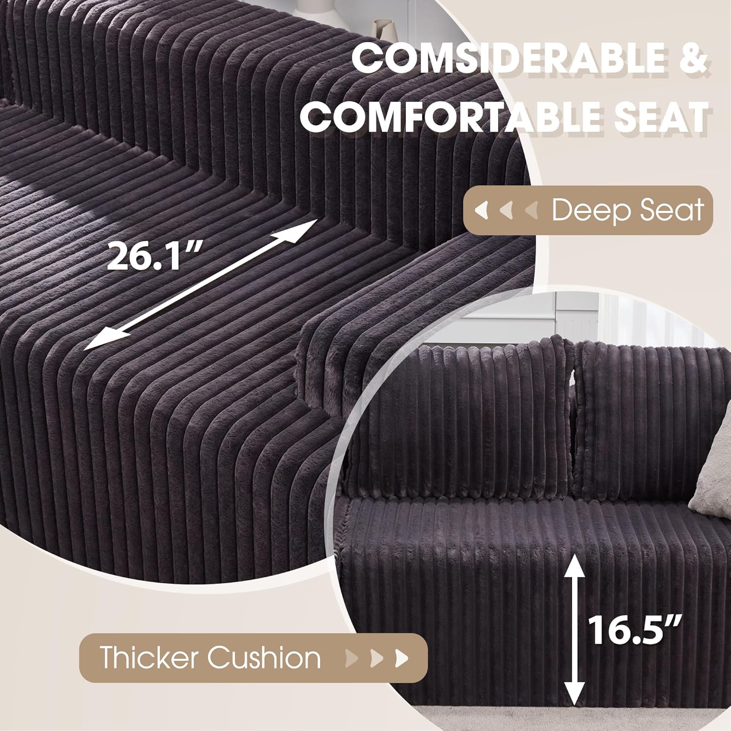 Modular Sectional Sofa Couches L-Shape Couch 3 Seat Modular Sofa Memory Foam Sectional Couches for Living Room, Cloud Couch with Oversized Chaise (Grey Stripe, 98' Left Facing Chaise)