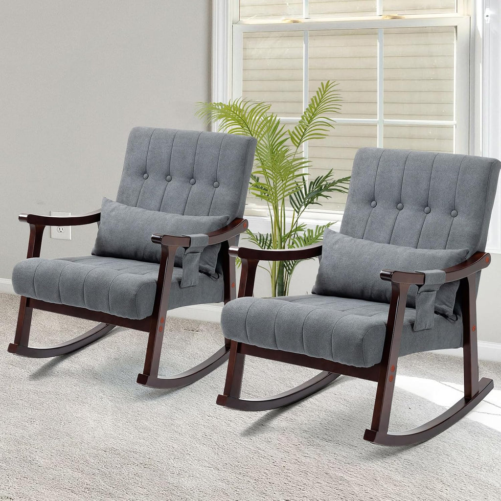AVAWING Upholstered Rocking Chair Set of 2, Small Fabric Glider Rocker with 2-Point Massage Lumbar Pillow and Solid Wood Legs, for Bedroom and Living Room, Dark Grey