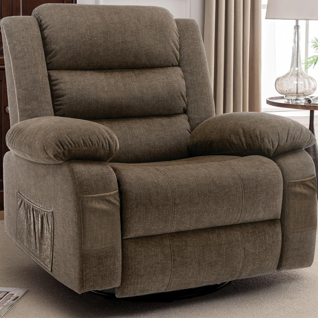 Korser Recliner Chair for Adults, Oversized 360° Swivel Rocker Recliner with Massage and Heat, Wide Nursery Glider Rocking Chair with Side Pockets, Cashmere Reclining Sofa for Living Room (Brown)