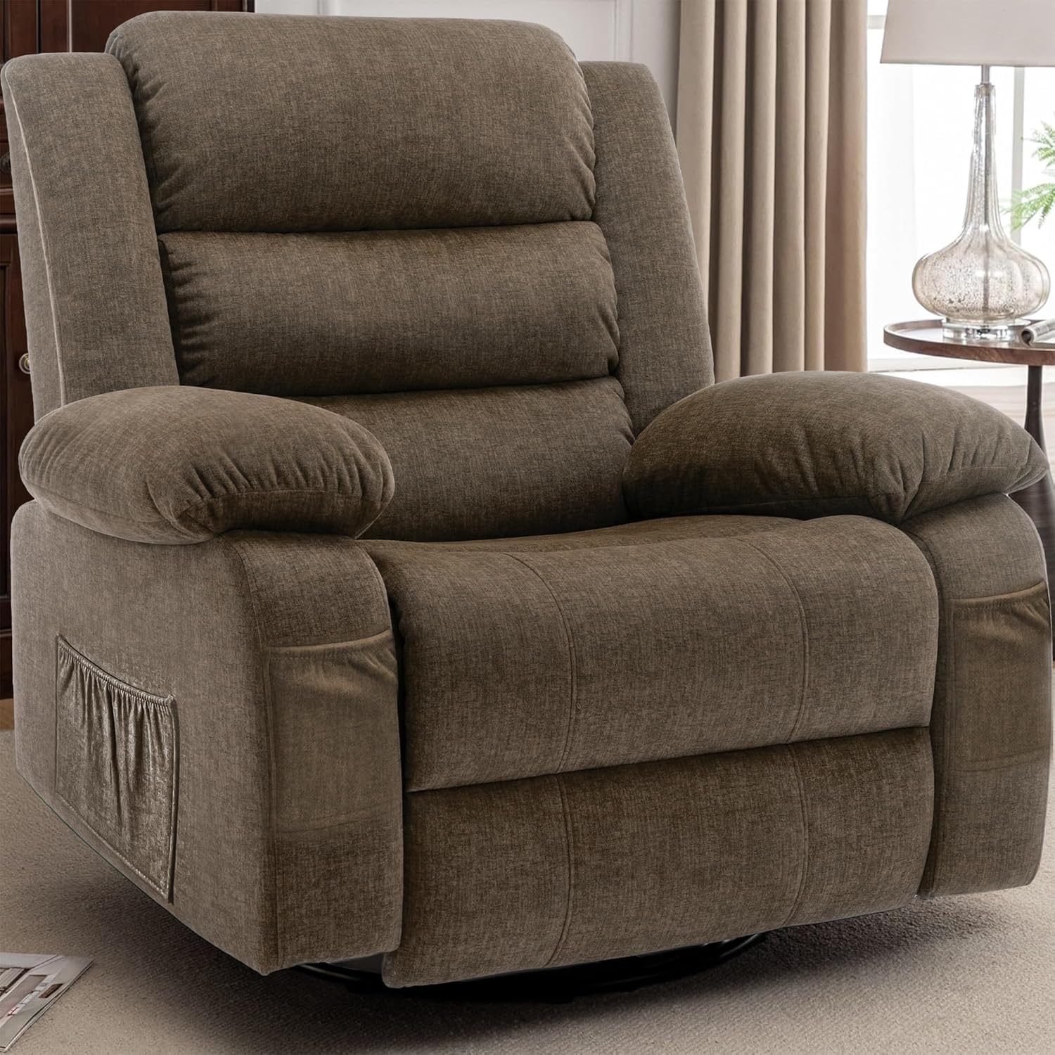 Korser Recliner Chair for Adults, Oversized 360° Swivel Rocker Recliner with Massage and Heat, Wide Nursery Glider Rocking Chair with Side Pockets, Cashmere Reclining Sofa for Living Room (Brown)