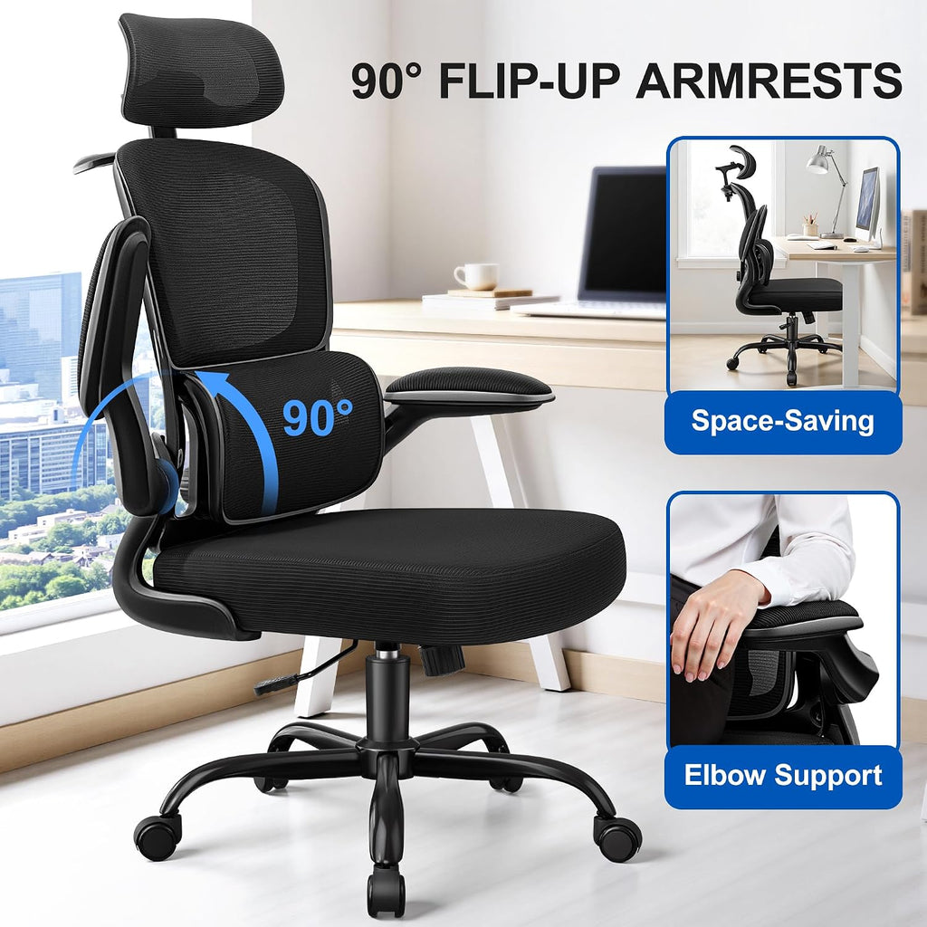 ALLGOD Ergonomic Office Chair, Mesh Desk Chair with Lumbar Support, High Back Home Office Chair with Adjustable Headrest and Flip-Up Arms, Comfortable Computer Chair, Thick Cushion, Black-2 Pack
