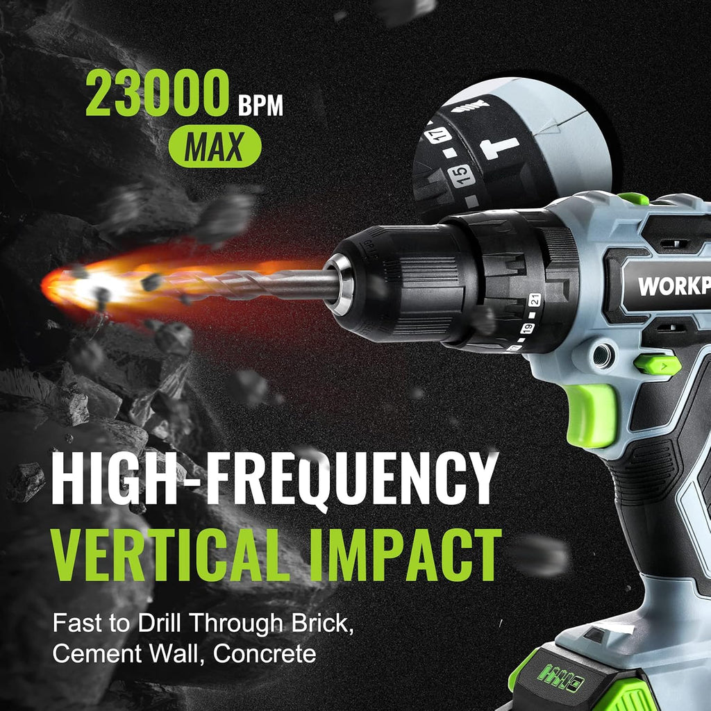 WORKPRO 20V Max Cordless Drill Driver Set, Electric Power Impact Drill Tool with 100 Pieces Accessories, 1/2'' Chuck Impact Drill Kit with Portable Case, 2 x 2.0Ah Li-ion Batteries with Fast Charger