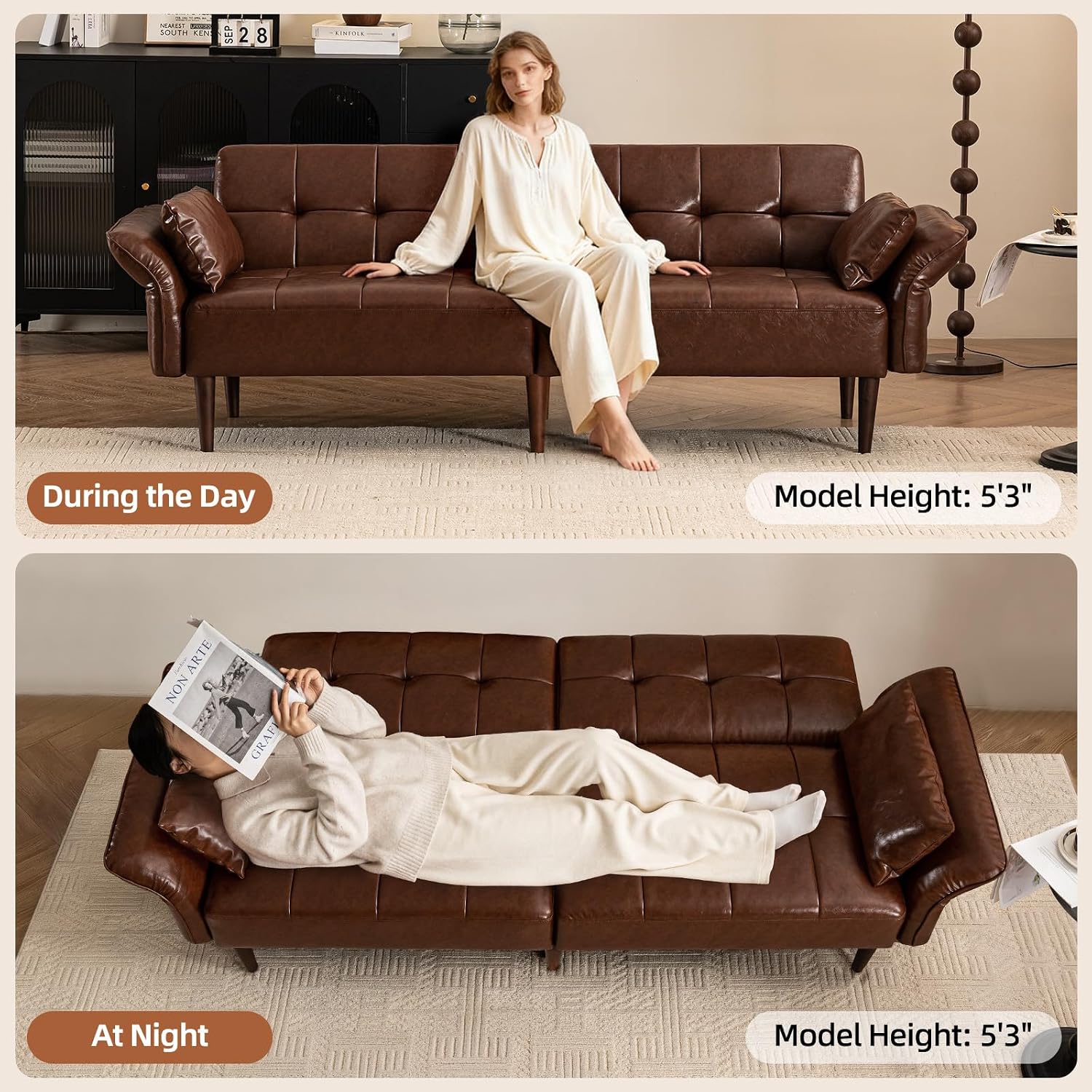 HALLYBEE Futon Sofa Bed, Sleeper Sofa, Small Couch with Storage Adjustable Armrests Pillows, Faux Leather Loveseat, Mid Century Modern Couches for Living Room, Bedroom, Apartment, Red Brown
