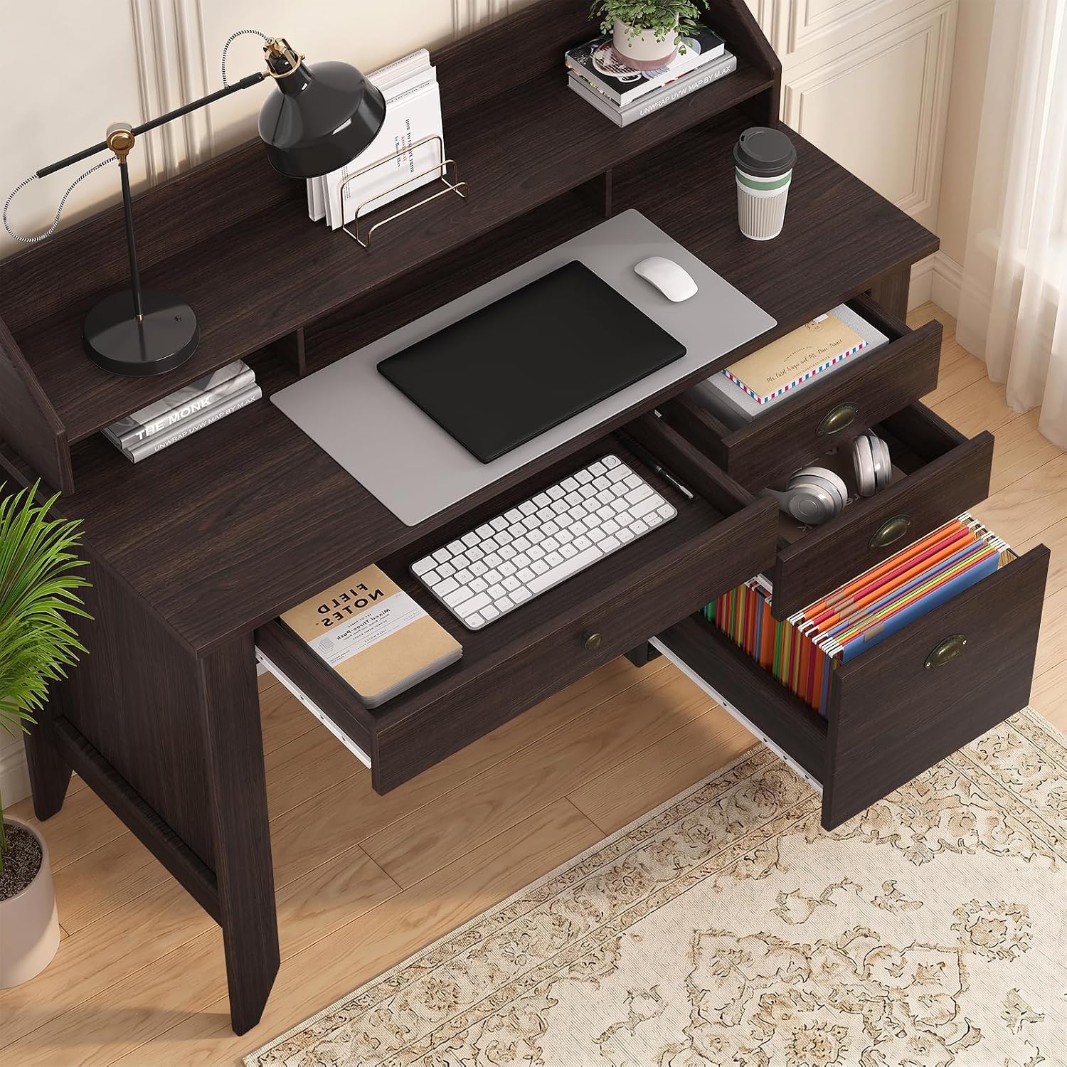 4 EVER WINNER Small Desk with Drawers, Office Desk with File Drawer and Monitor Stand, Writing Desk Study Table for Small Spaces, Espresso