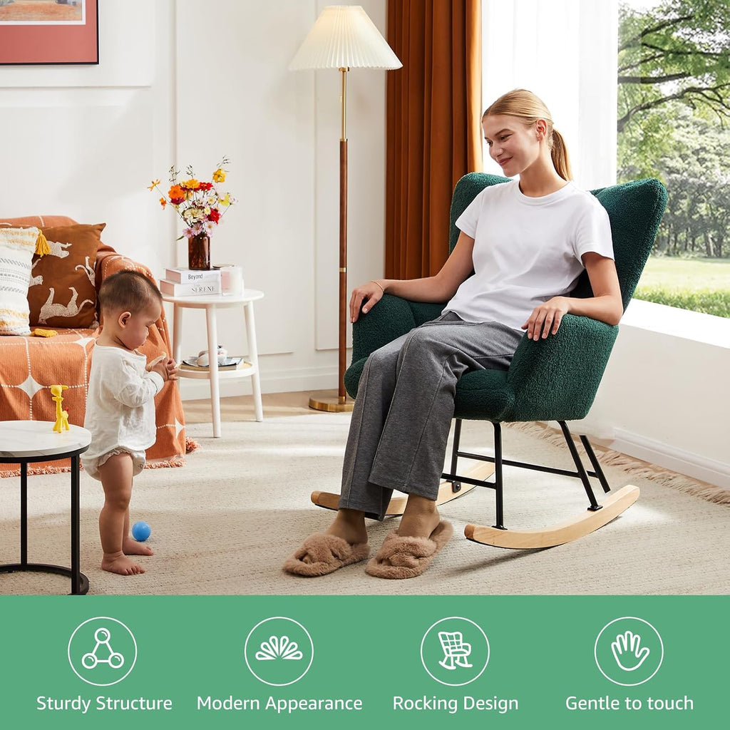 Simple Deluxe Nursery Rocking Chair, Teddy Upholstered Glider Rocker with High Backrest, Comfy Accent Armchair for Nursing & Reading, Standard Size, Green