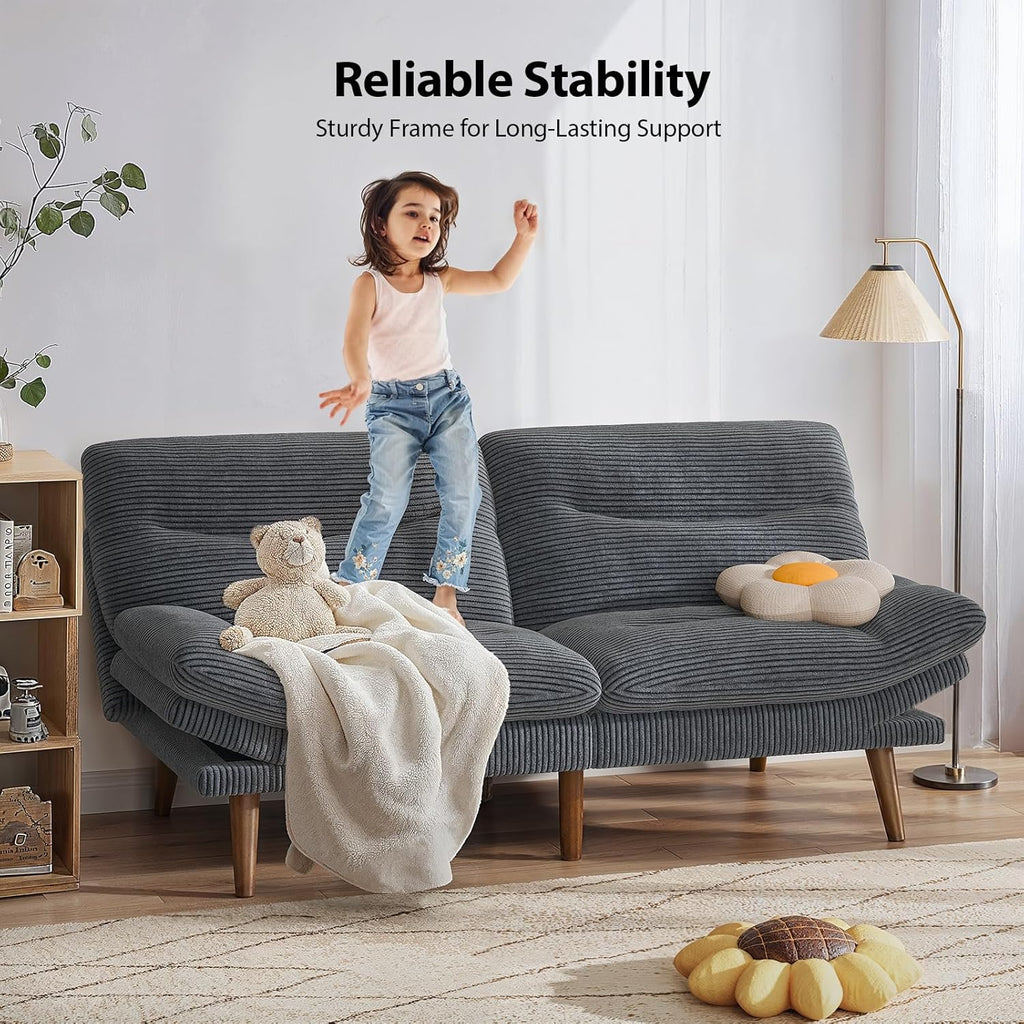 Pipishell Futon Sofa Bed, 75 Inch Corduroy Futon Couch Convertible with Adjustable Backrest and Armrests, Recliner Sleeper Sofa for Small Spaces, Living Room, Office, Guest Room (Grey, 75 Inch) | Adjustable