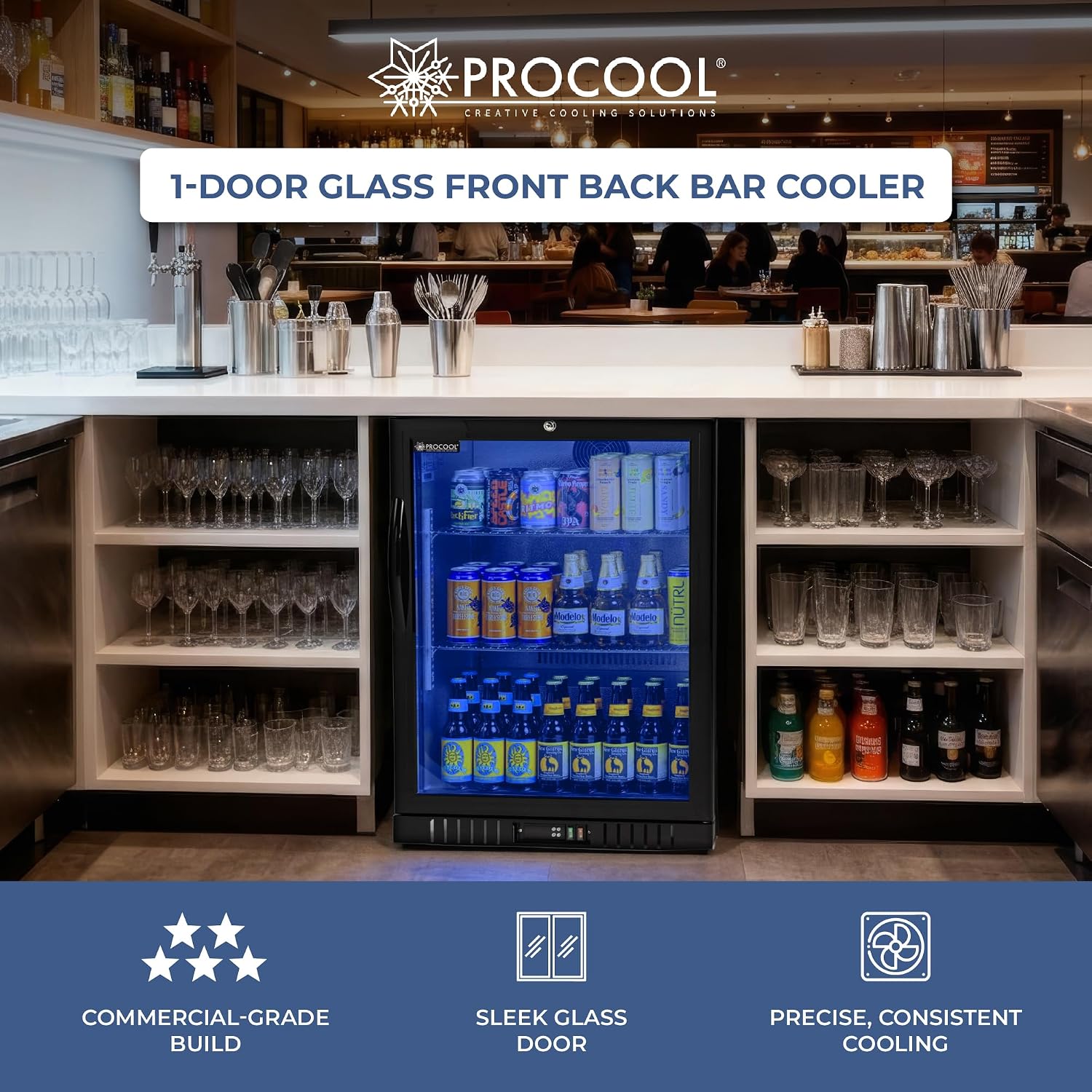 Procool 1-Door Counter Height Beverage Refrigerator - 24' Wide Energy Efficient Black Beer Fridge With Glass Door & Blue LED Lighting - Commercial Back Bar Cooler