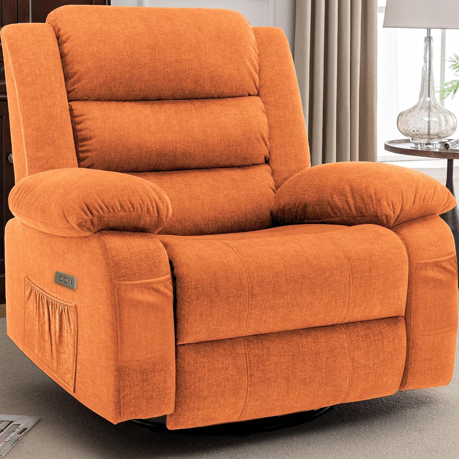 Korser Power Recliner Chair, Electric Rocker Recliner with Massage and Heat, 270° Swivel Glider, Oversized Wide Seat with USB Port, Cashmere Nursery Chair for Living Room, Orange