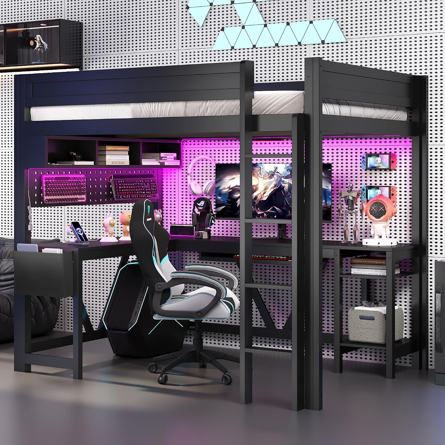 Unique Wood Full Size Gaming Loft Bed with Desk and Storage Shelves,LED and Charging Station,for Kids Teens Adults Bedroom Use (Black/LED, Full)