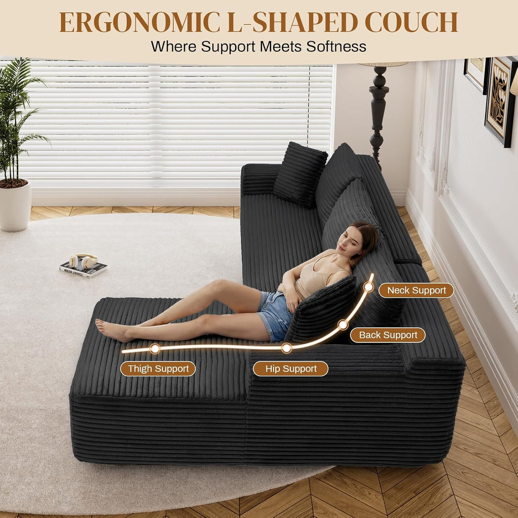 95' L Shaped Boneless Sectional Couches, Wide Armrest, Deep Seat, Memory Foam, Assembly Free, Modern Comfy Corduroy Fluffy Cloud Sofa with Left Chaise for Living Room, Small Spaces, Black