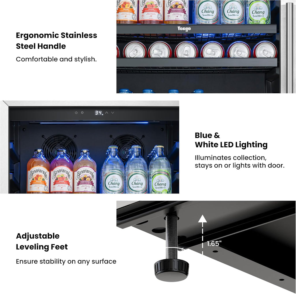 Yeego Beverage Refrigerator 24 inch - 238 Cans Capacity Beverage Cooler, Upgraded Beverage Fridge Freestanding or Built-In, Drink Cooler for Soda, Water, Beer or Wine - For Kitchen, Bar or Office