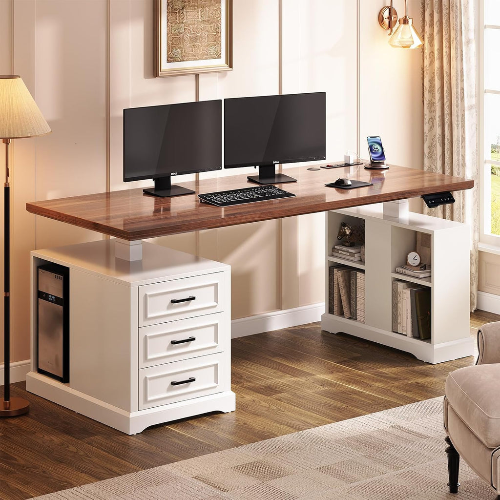 SEDETA Farmhouse Electric Standing Desk, 63' Height Adjustable Computer Desk with 3 Drawers, Storage Shelves, Power Outlets, Wood Home Office Stand up Desk for Work, Study, Writing, White