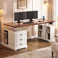 SEDETA Farmhouse Electric Standing Desk, 63' Height Adjustable Computer Desk with 3 Drawers, Storage Shelves, Power Outlets, Wood Home Office Stand up Desk for Work, Study, Writing, White