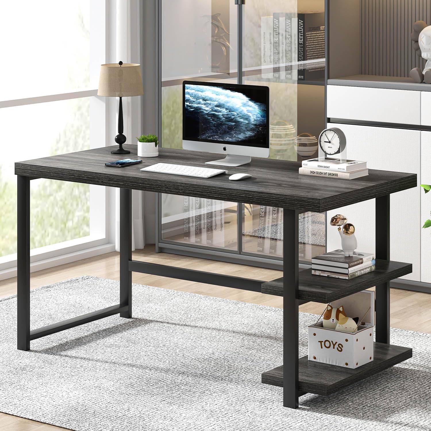 FOLUBAN 47 Inch Computer Desk with Storage Shelves, Modern Home Office Desk, Small Study Writing Desk Gaming Table Workstation for Bedroom Living Room, Industrial Dark Gray