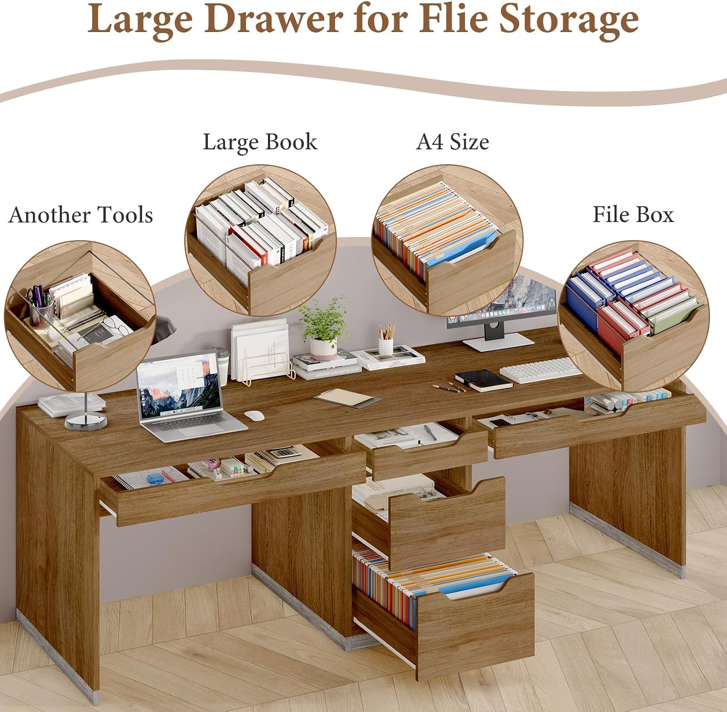 MaverickFurni Two Person Desk with 5 Drawers, Double Desk with Storage for 2 People, 78 Inch Extra Long Computer Desk Workstation with File Drawer for Home Office, Brown