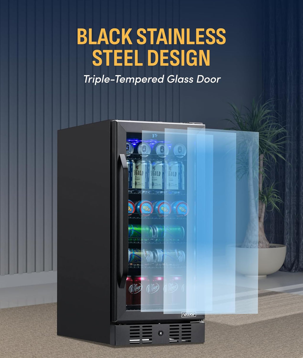 NewAir 96 Can Built-In Beverage Refrigerator | 15' Small Mini Fridge for Bedroom, Home Bar or Office | Quiet Cooling & Precise Temperature Control | Black Stainless Steel