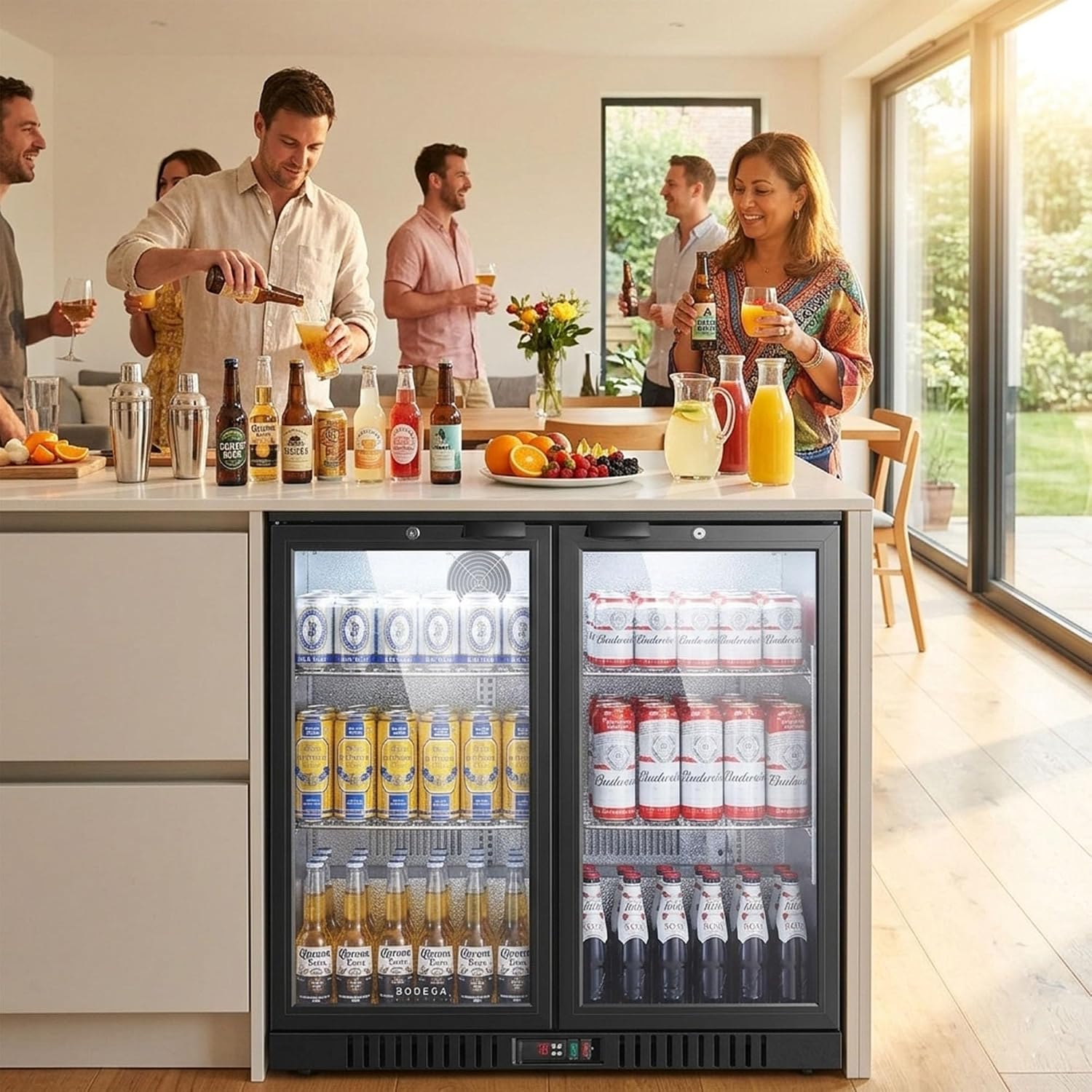 BODEGACOOLER 35.4 Inch Under Counter Beverage Refrigerator, 2 Door Back Bar Cooler, Dual Zone 32–50°F, 7.4 Cu.Ft Built-in or Freestanding Glass Door Fridge with LED Lighting, Holds 216 Cans/62 Bottles