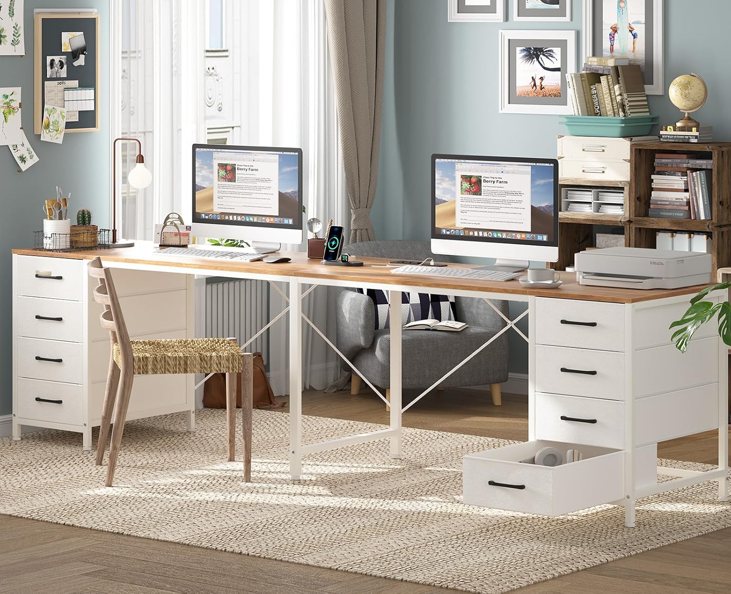 TVU 95' 2 Person Desk with 8 Fabric Drawers, Long Computer Desk Home Office Desk with Storage, Two Person Double Desks with Power Outlets, Brown and White