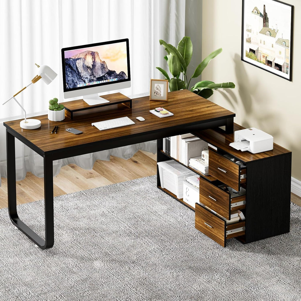 MaverickFurni 55' L Shaped Desk with Drawers and Shelves, Home Office Desk with Monitor Stand for Work Writing Study, Reversible Corner Desk with Storage, Black