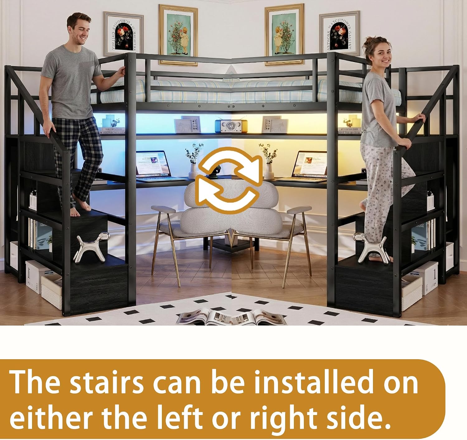 Full Size Loft Bed with Stairs & Desk, Black Loft Bed Frame with Storage Staircase, Charging Station & LED Light, Space Saving Loft Beds with Built-in Study Workstation for Kids Teens Adults