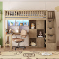 MERITLINE Twin Loft Bed with L-Shaped Desk and Storage Stairs, Solid Wood Loft Bed with LED Lights,Storage Shelves and Cabinets,Stairway Bed Frame with Bookshelves for Teens Adults (Walnut)