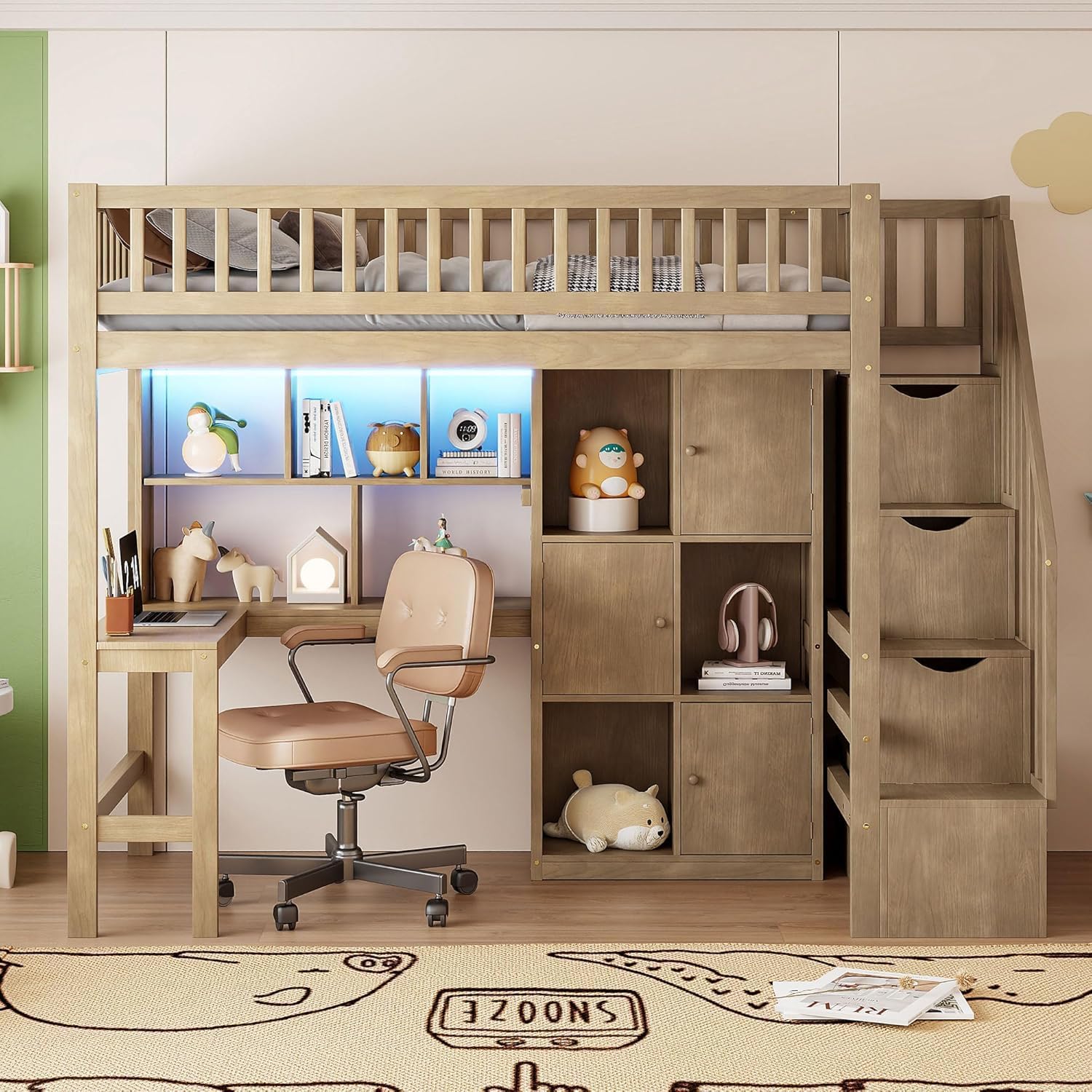 MERITLINE Twin Loft Bed with L-Shaped Desk and Storage Stairs, Solid Wood Loft Bed with LED Lights,Storage Shelves and Cabinets,Stairway Bed Frame with Bookshelves for Teens Adults (Walnut)