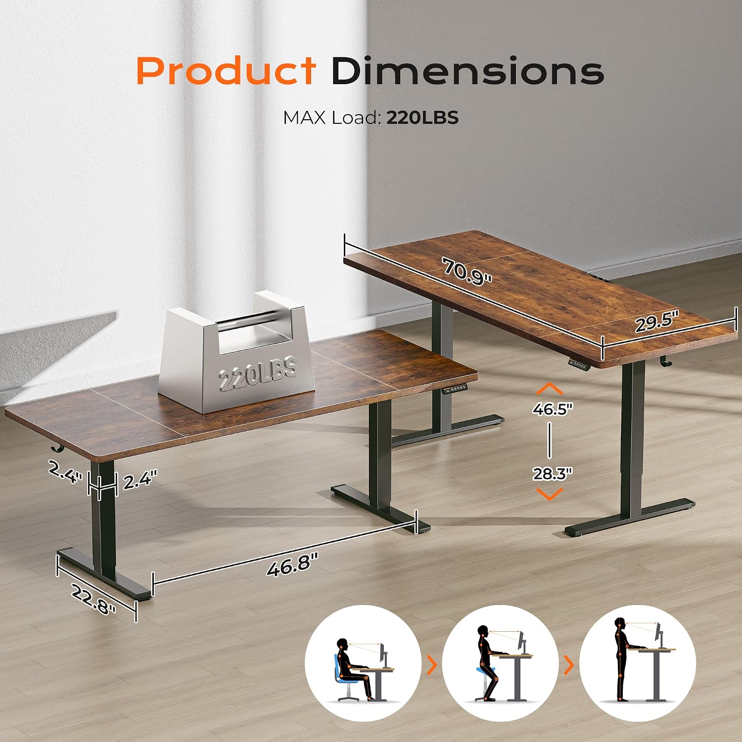 Huuger 71 x 30 Large Electric Standing Desk, Height Adjustable Computer Desk, 29.5' Deep Desktop, Stand up Gaming Office Table with 2 Hooks, 3 Preset Heights, for Home Office, Rustic Brown
