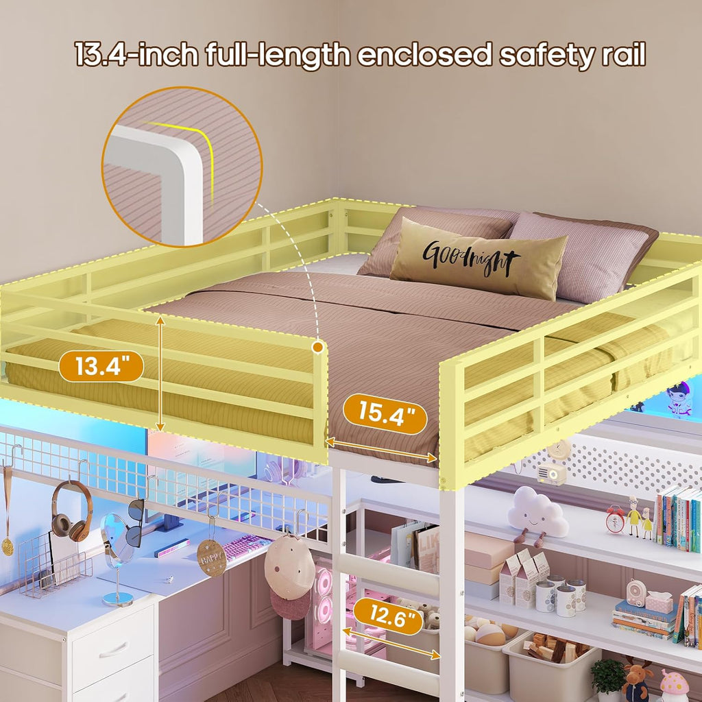 ADORNEVE Loft Bed Full Size with L-Shaped Gaming Desk, Arcylic RGB Hutch & Safety Charging Station, Metal Loft Bed with Storage Drawer, Safety Guardrail & Ladder, Space Saving for Teen Girls, White