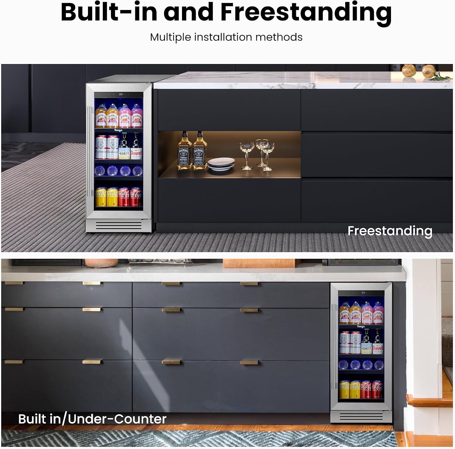 Yeego Beverage-Refrigerator,15 Inch Beverage Cooler 2PCS Small Wine Fridge Built-in or Freestanding with Auto Defrost, Mini Fridge with Glass Door for Bottles and Cans Beer/Soda/Water/Wine