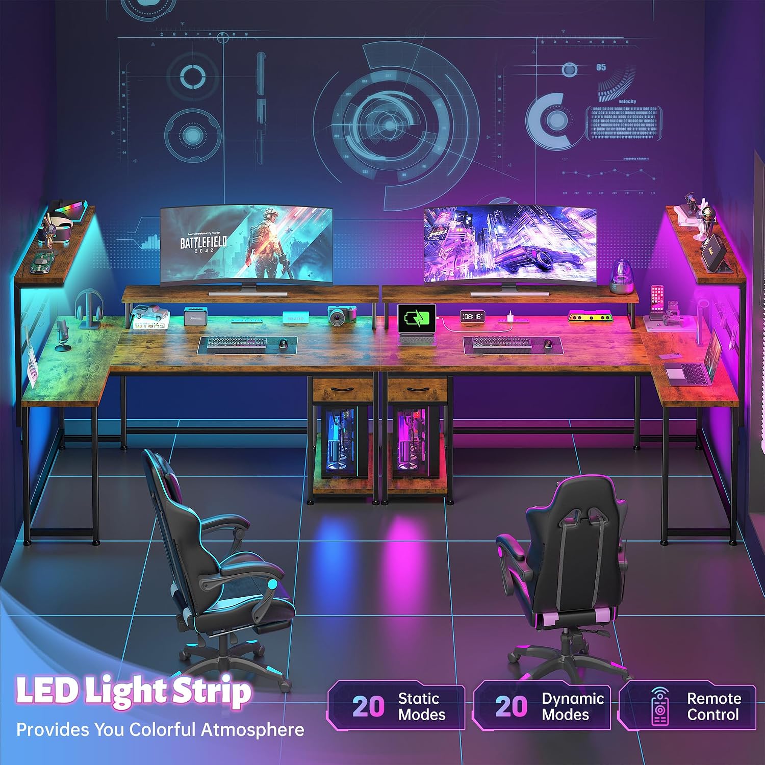 EnHomee 53 inch L Shaped Desk with Shelf & Drawer,Reversible Corner Computer Desk with LED Lights & Power Outlets, Gaming Desk Home Office with Monitor Stand, Rustic Brown
