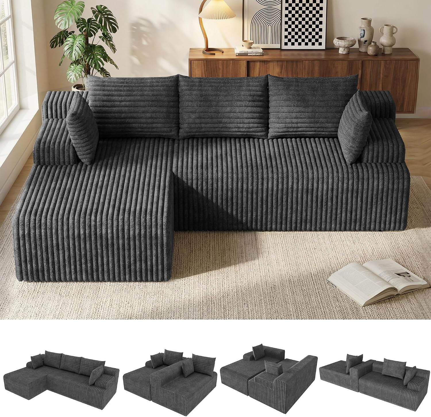 2026 New Boneless Couch, No Assembly Cloud Couch Sectional with Deep Seat & Chaise for Small Spaces, Upholstered Boneless Sectional Couch for Living Room, L Shaped Couch with Left Facing Chaise, Grey