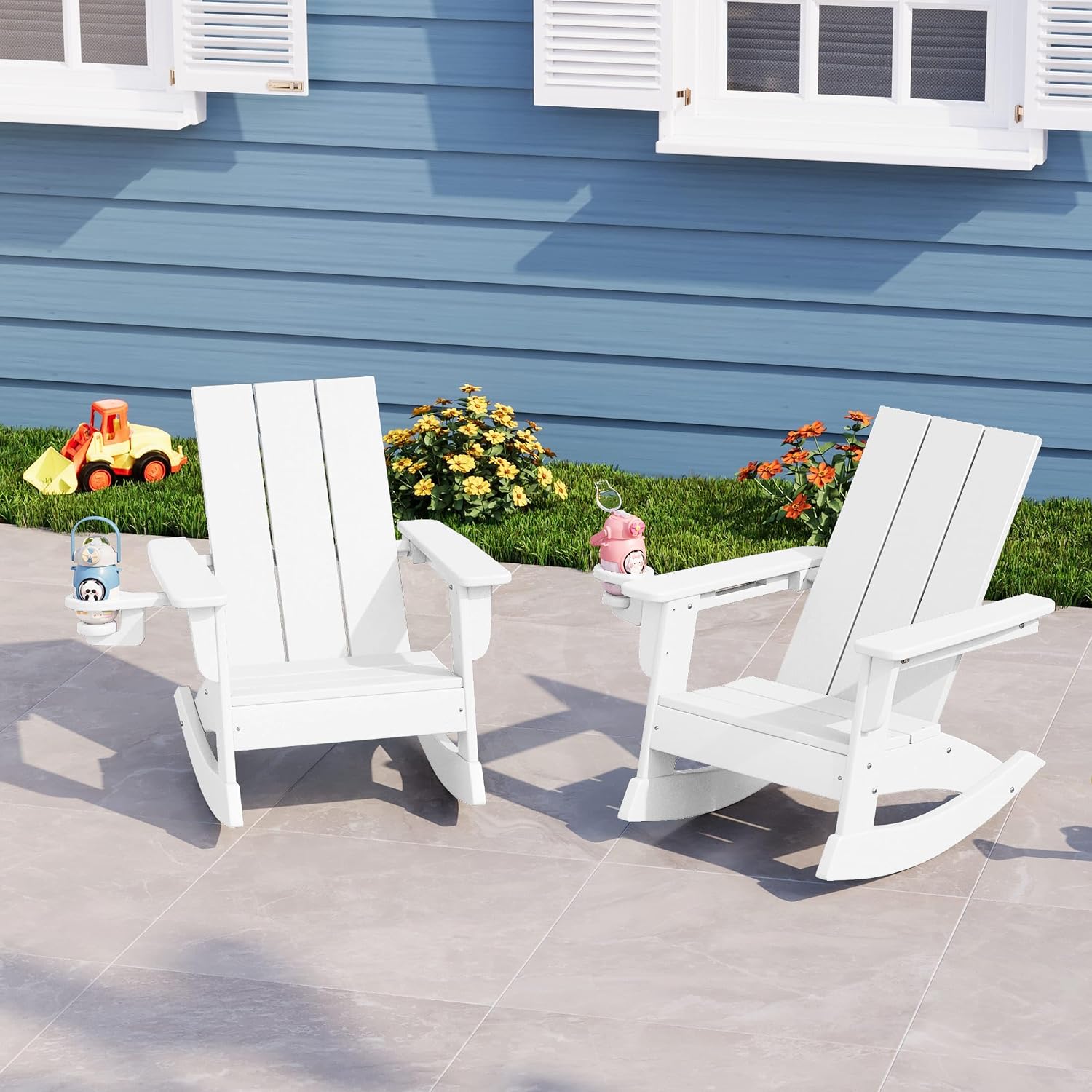 WestinTrends Ashore Outdoor HDPE Plastic Preschool Toddler Modern Adirondack Rocking Chairs (Set of 2), White