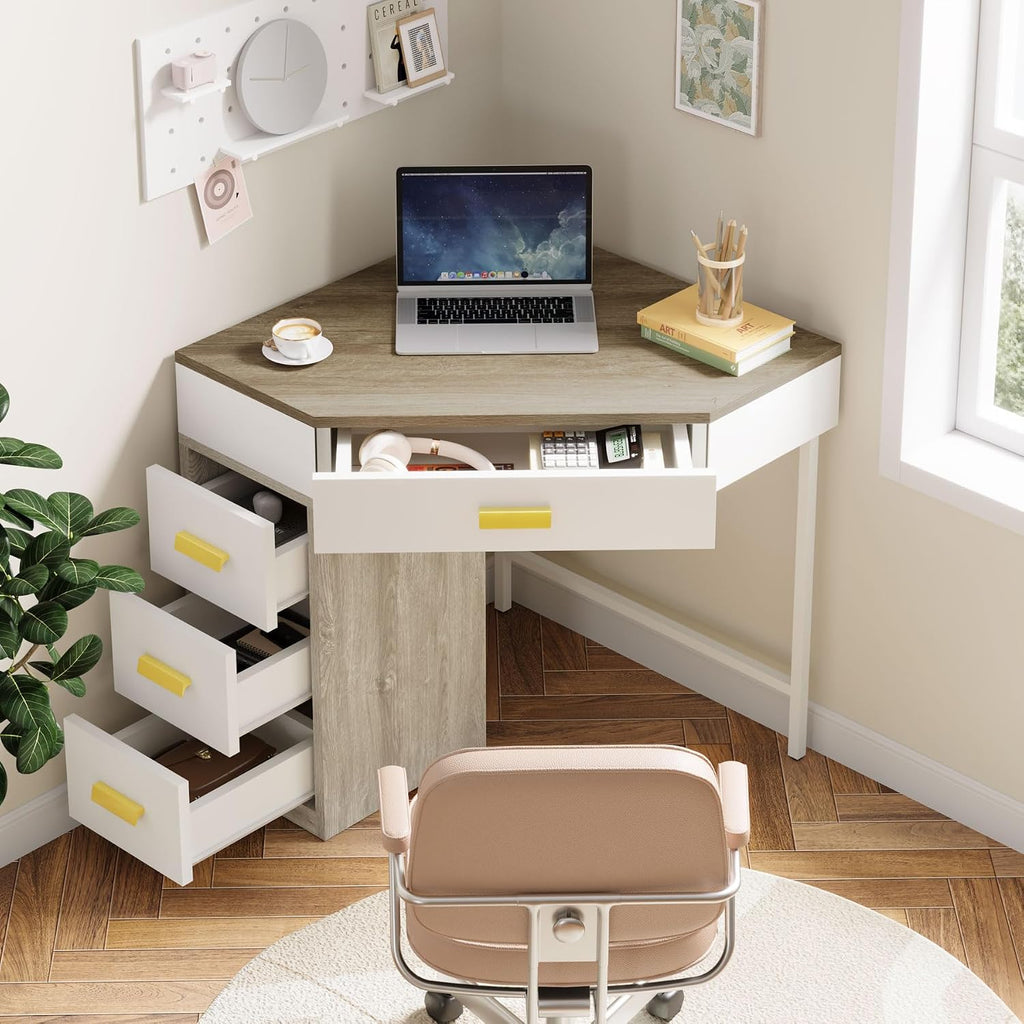 Tribesigns Corner Desk, Triangle Computer Desk with 3 Drawers, 90-Degree Writing Desk PC Table Makeup Vanity Desk with Storage for Home Office, Living Room, Bedroom (Grey+White)