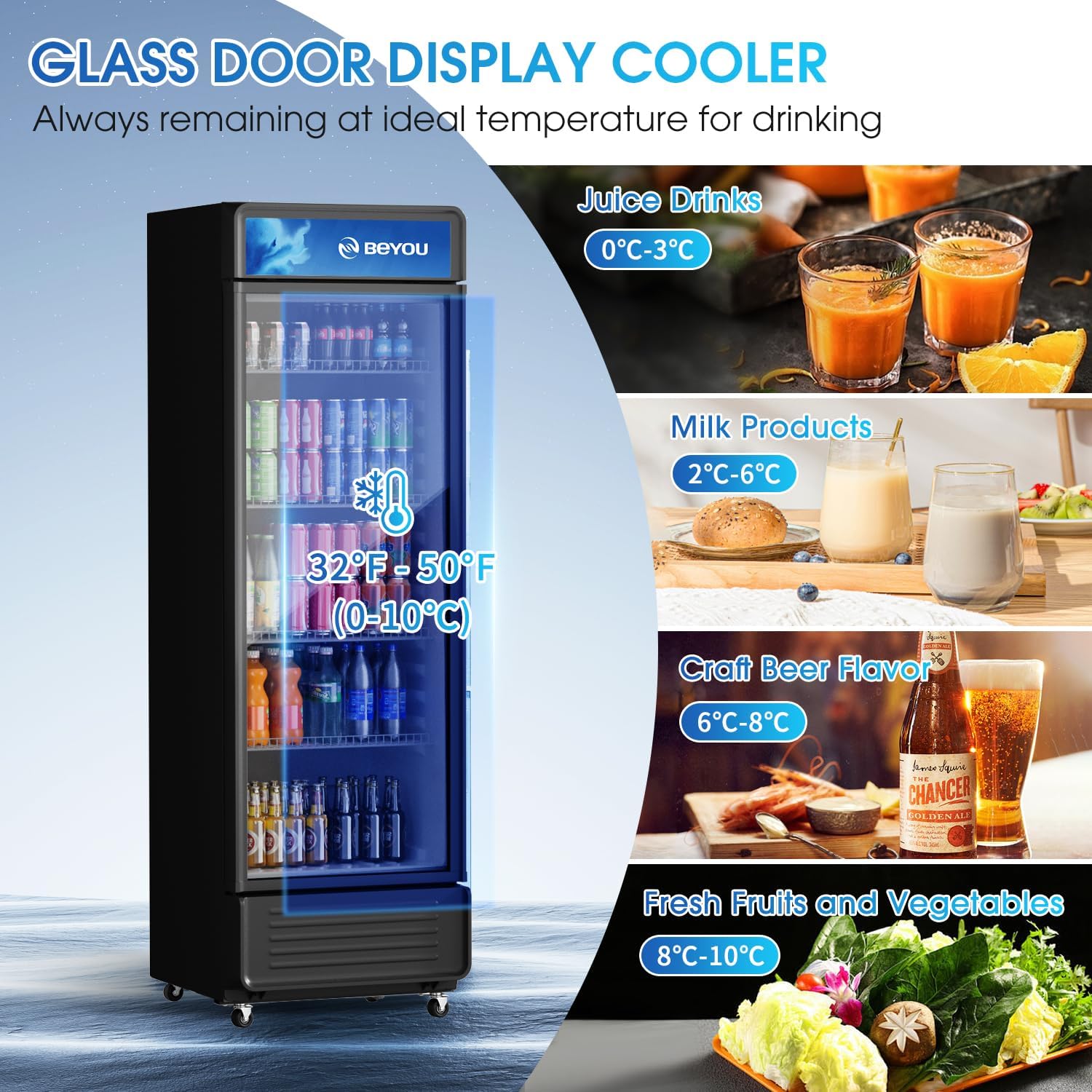 BEYOU Display Merchandiser Refrigerator, 13.3 cu. Ft Commercial Upright Beverage Fridge with single Glass Door, Drink Cooler for Living Room,Bar,Garage（Black）