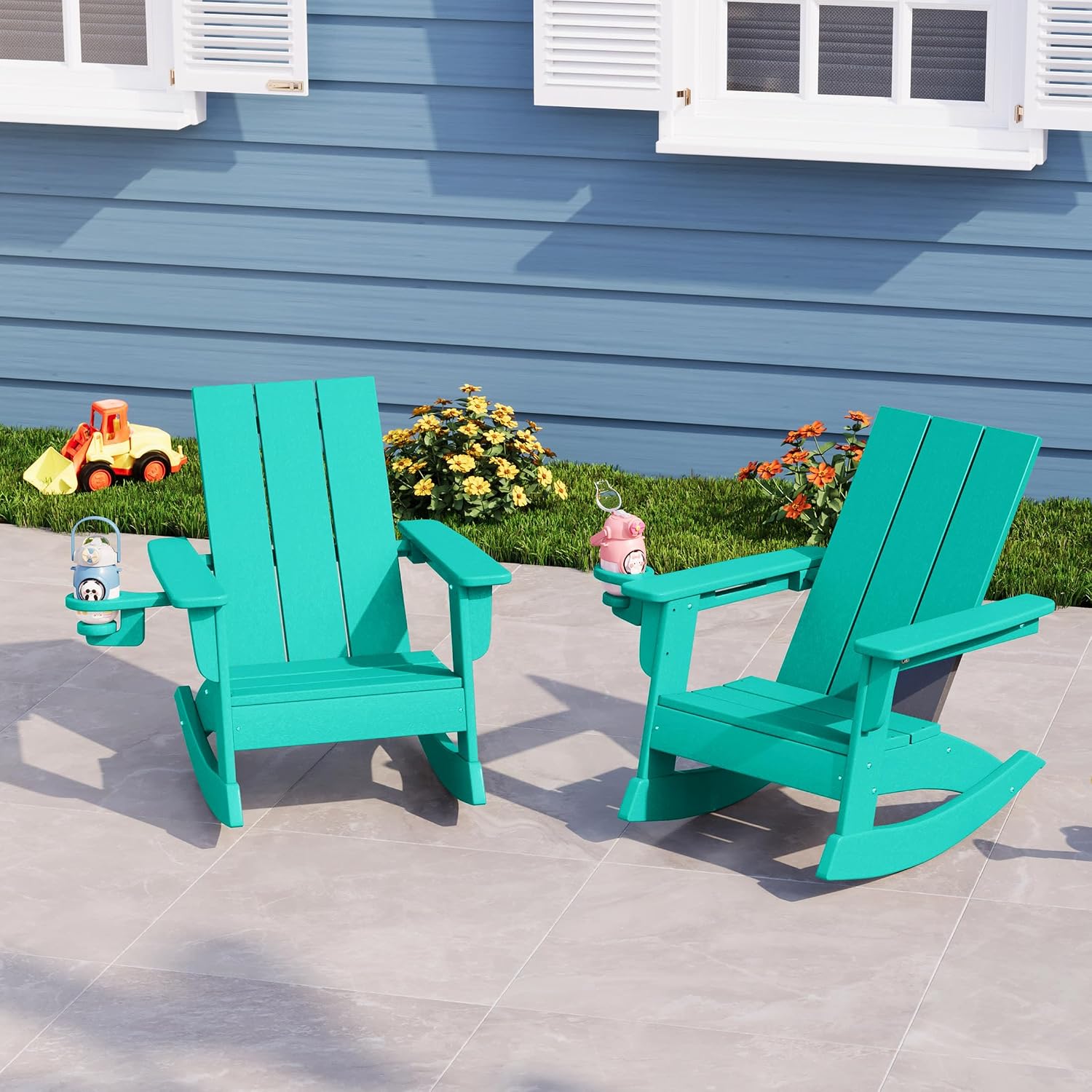 WestinTrends Ashore Outdoor HDPE Plastic Preschool Toddler Modern Adirondack Rocking Chairs (Set of 2), Turquoise