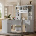 Bellemave L-Shaped Computer Desk with 2 Cabinets and 2 Drawers, Home Office Desk with 11 Open Shelves and 1 Right Flip Shelf, Corner Desk for Study, Living Room and Office (Off White