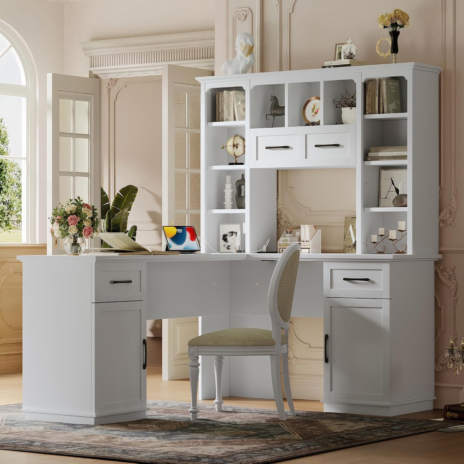 Bellemave L-Shaped Computer Desk with 2 Cabinets and 2 Drawers, Home Office Desk with 11 Open Shelves and 1 Right Flip Shelf, Corner Desk for Study, Living Room and Office (Off White