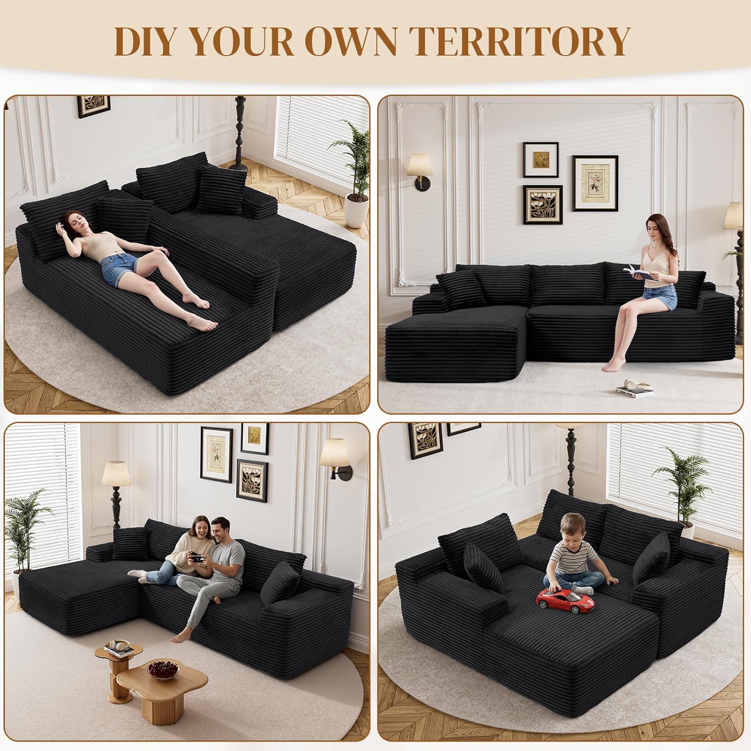 95' L Shaped Boneless Sectional Couches, Wide Armrest, Deep Seat, Memory Foam, Assembly Free, Modern Comfy Corduroy Fluffy Cloud Sofa with Left Chaise for Living Room, Small Spaces, Black