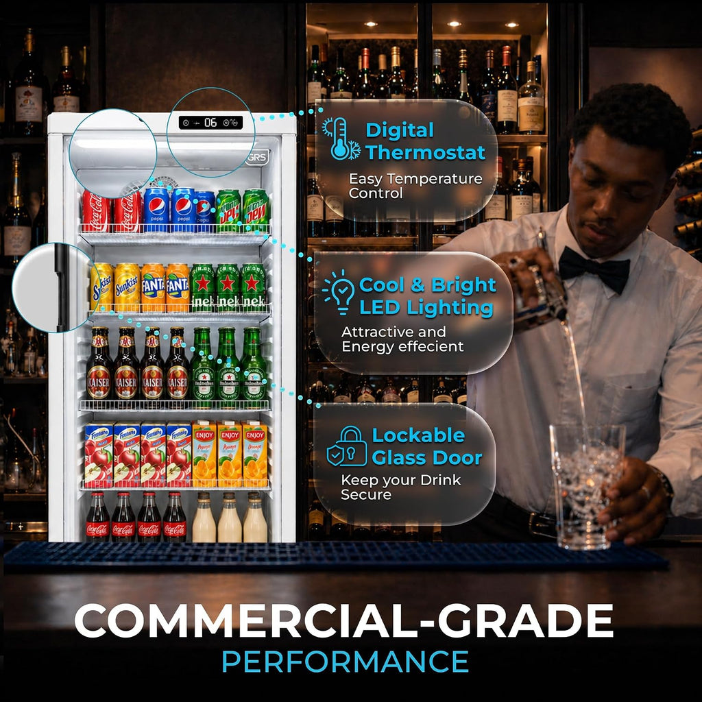 GRS Commercial Display Refrigerator with Glass Door Lock | Cool Air Flow & Temperature | Beverage Cooler, Drink and Wine Fridge with Adjustable Display Shelf for Stores and Bars | Silver, 6.0 Cu. Ft
