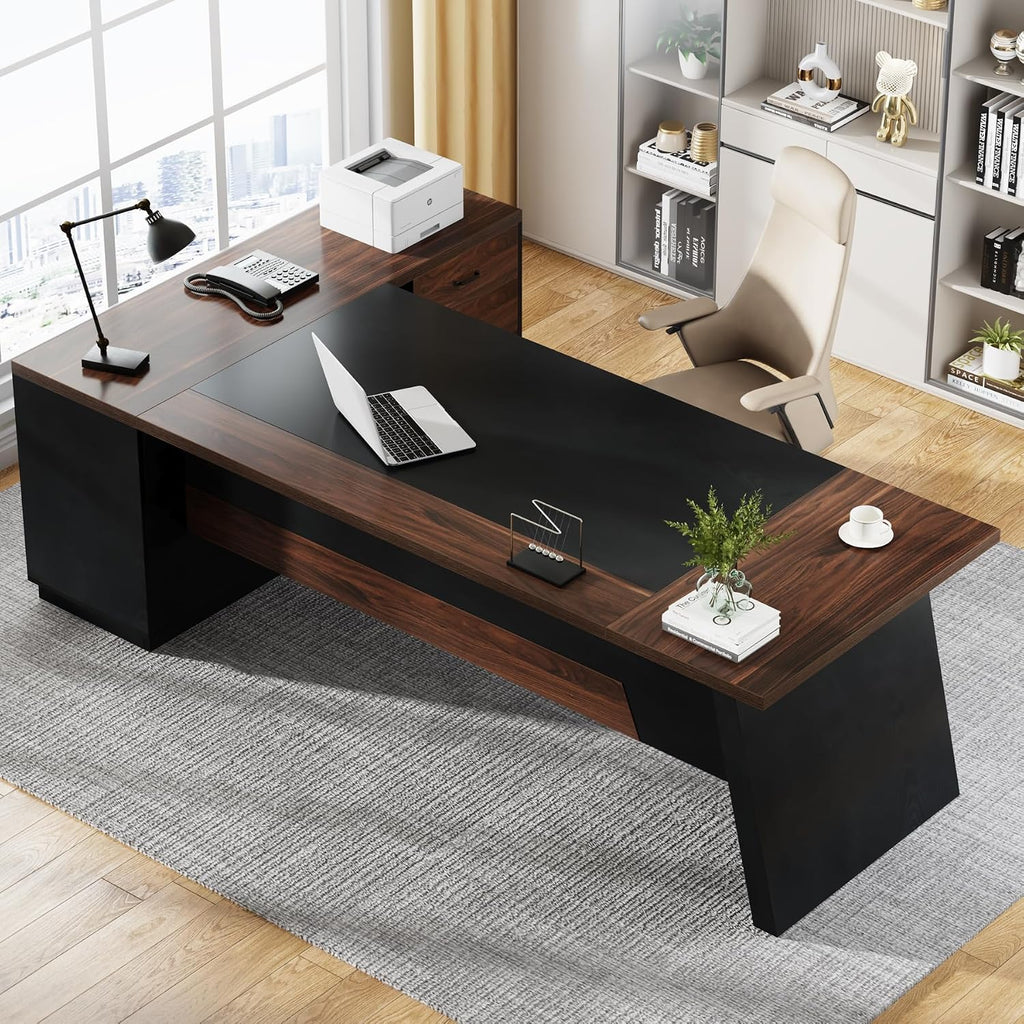 Tribesigns L-Shaped Executive Desk, 78-Inch Large Office Desk with Drawers and Lateral File Cabinet, Modern Business Furniture with Storage Shelves, Workstation for Home Office (Walnut + Black)