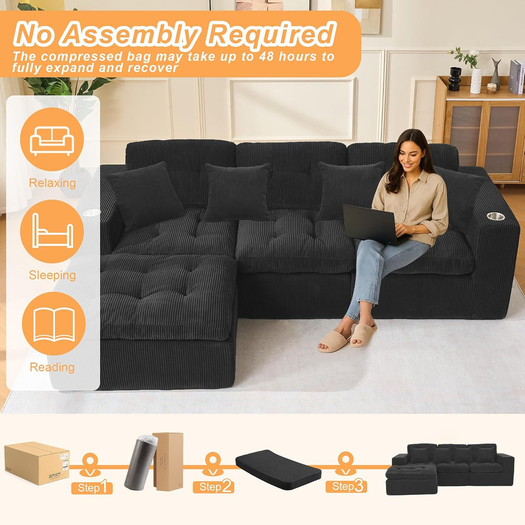 108 inch Boneless L Shaped Modular Sofa Bed, 50' Deep Seat Corduroy Sectional Couch with Ottoman No Assembly, 1400lbs Capacity Cloud Sleeper for Living Room Apartment (Matte Black)