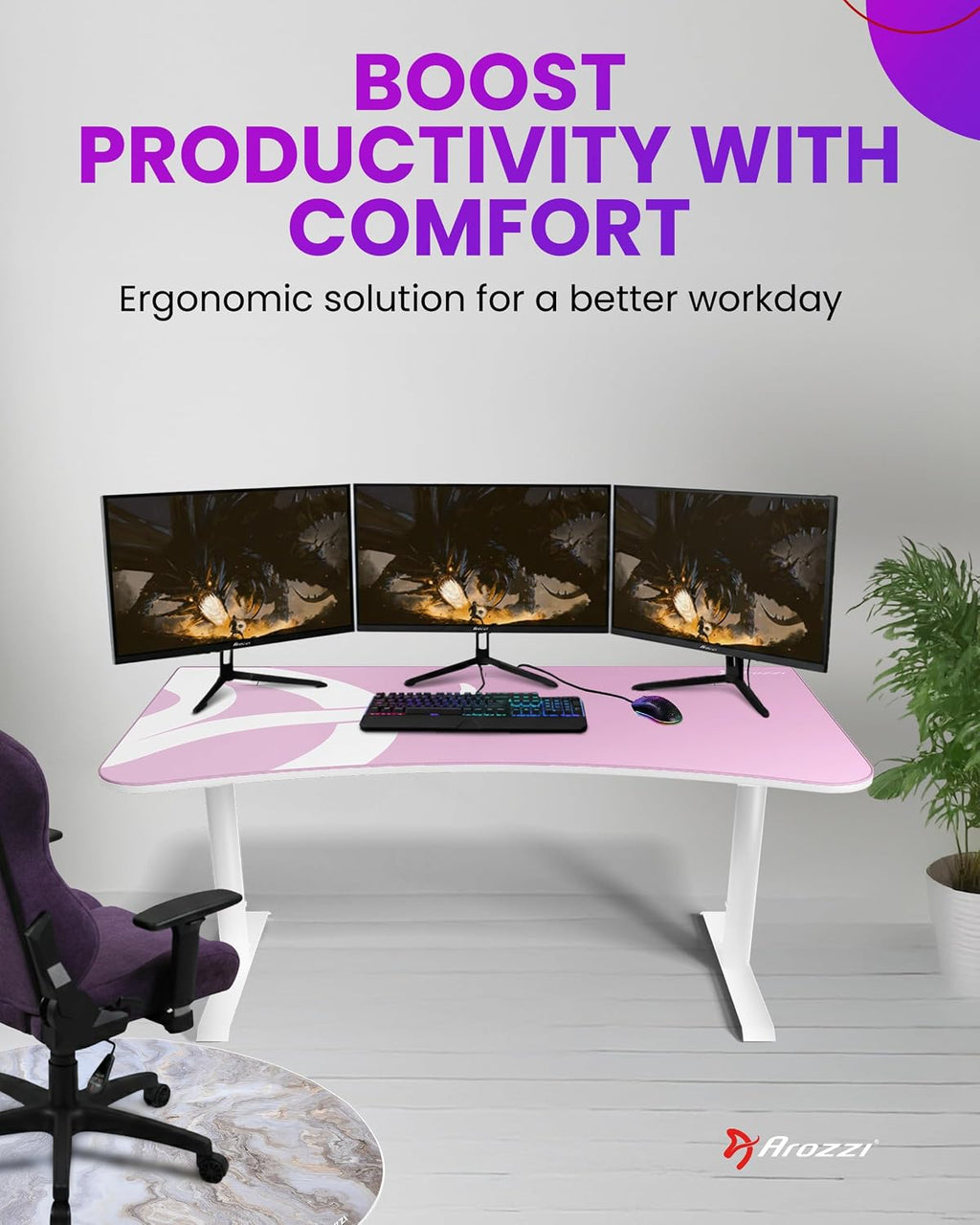 Arozzi Arena Ultrawide Curved Gaming and Office Desk with Full Surface Water Resistant Desk Mat Custom Monitor Mount Cable Management Cut Outs Under The Desk Cable Management Netting - Pink