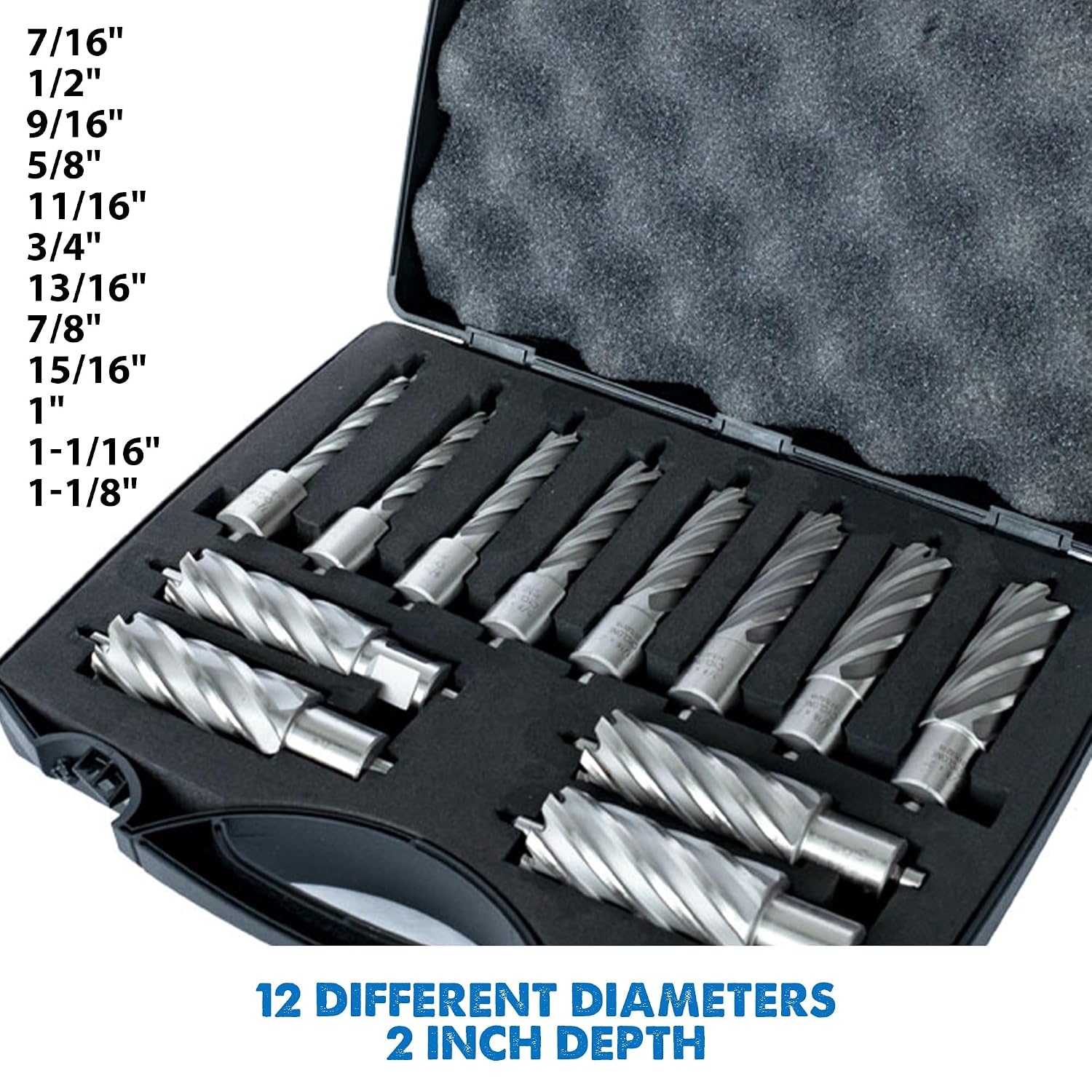 Evolution Power Tools Annular Cutter Kit for Magnetic/Mag Drills, 1 Inch Depth Drill Bit, Mixed Width 7/16 to 1-1/8 Inch, Carry Case Included, Set of 12