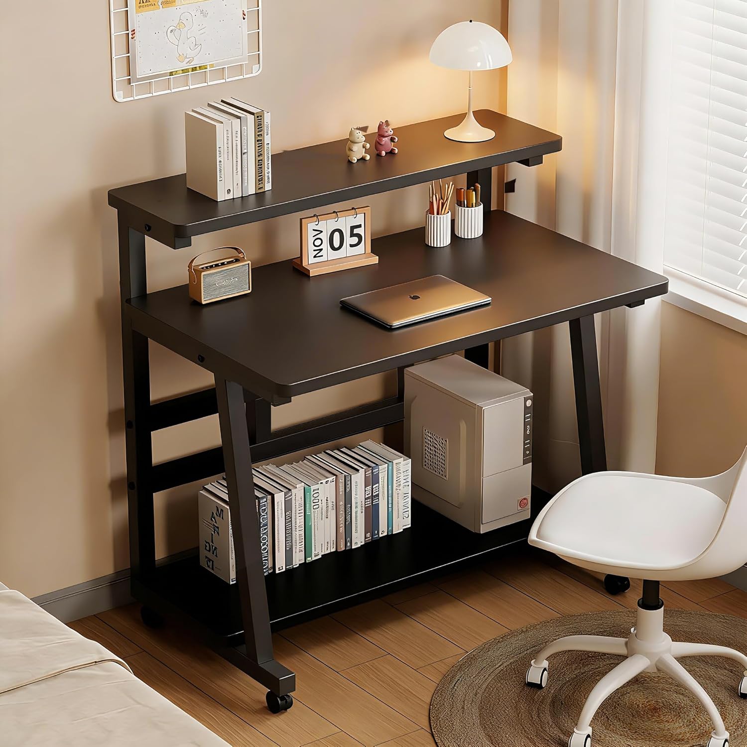 47.2 Inch Compact Rolling Computer Desk with Tier Worktable & Lockable Wheels, Small Computer Desk, Small Desk for Bedroom, Mobile Writing Workstation Easy Assembly for Home Office Small Spaces