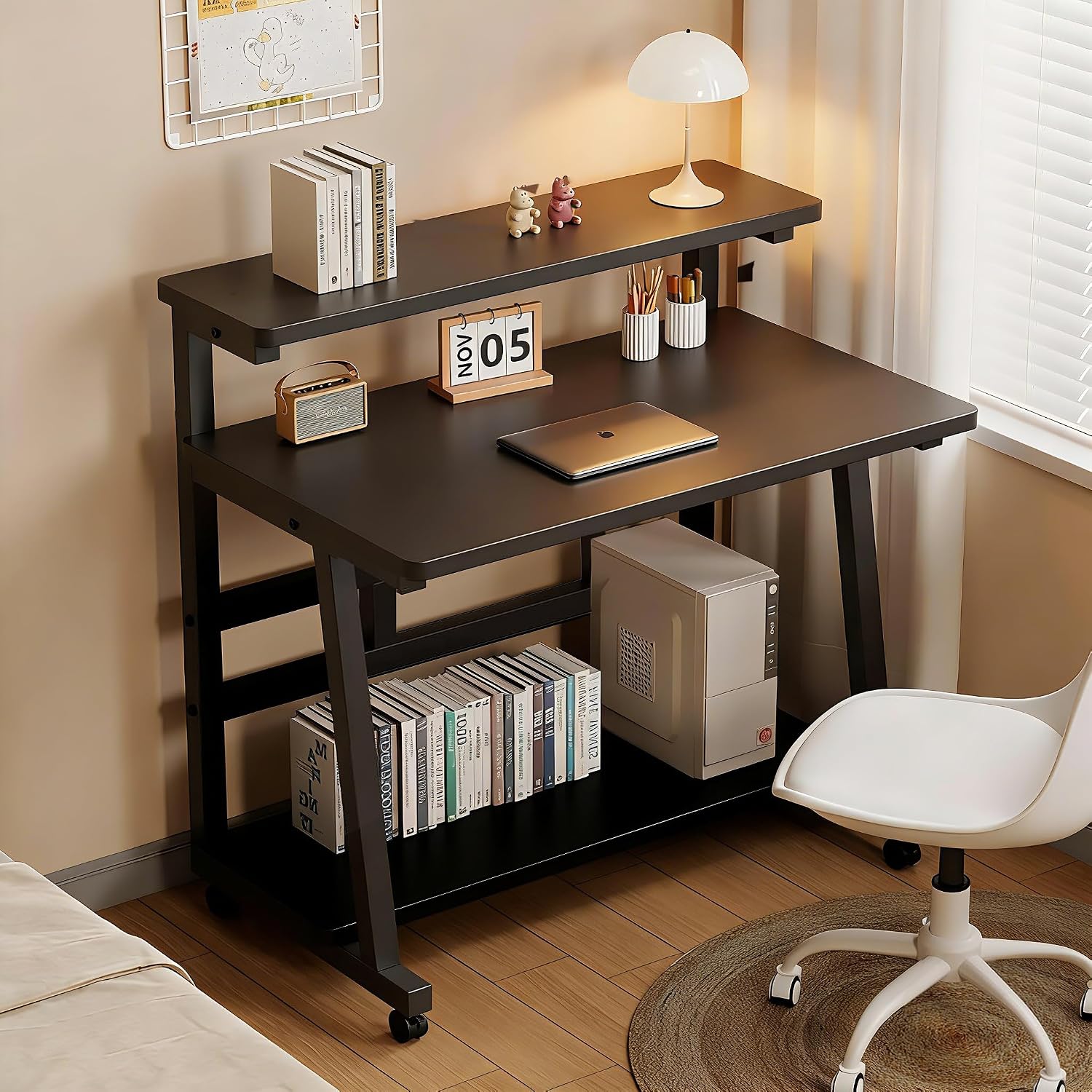39.4 Inch Compact Rolling Computer Desk with Tier Worktable & Lockable Wheels, Small Computer Desk, Small Desk for Bedroom, Mobile Writing Workstation Easy Assembly for Home Office Small Spaces