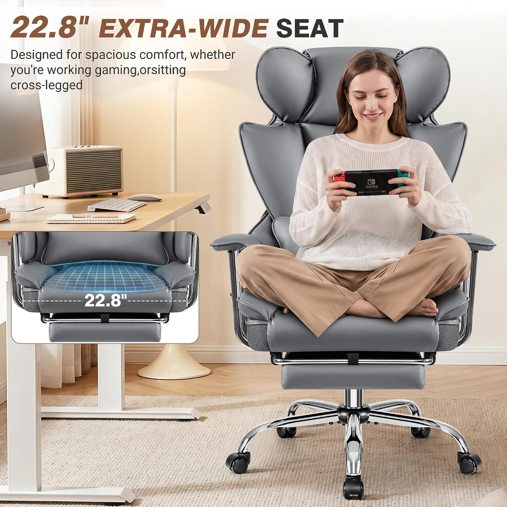 ALLGOD Office Chair Comfy, Big and Tall Executive Leather Chair, High Back Ergonomic Wide Chair with Footrest, Reclining Computer Desk Chair, Heavy Duty Gaming Chair with Padded Arm and Pillow, Grey