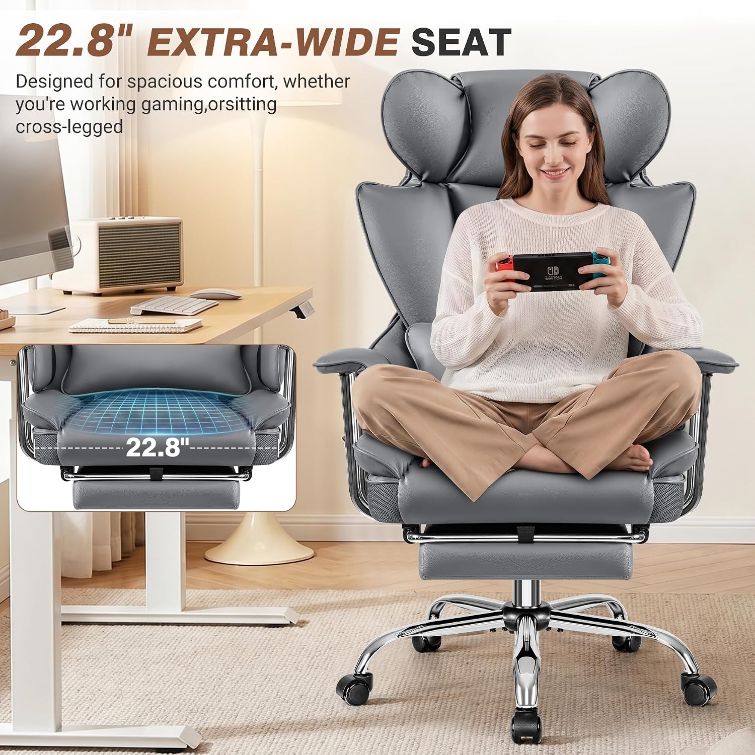 ALLGOD Office Chair Comfy, Big and Tall Executive Leather Chair, High Back Ergonomic Wide Chair with Footrest, Reclining Computer Desk Chair, Heavy Duty Gaming Chair with Padded Arm and Pillow, Grey