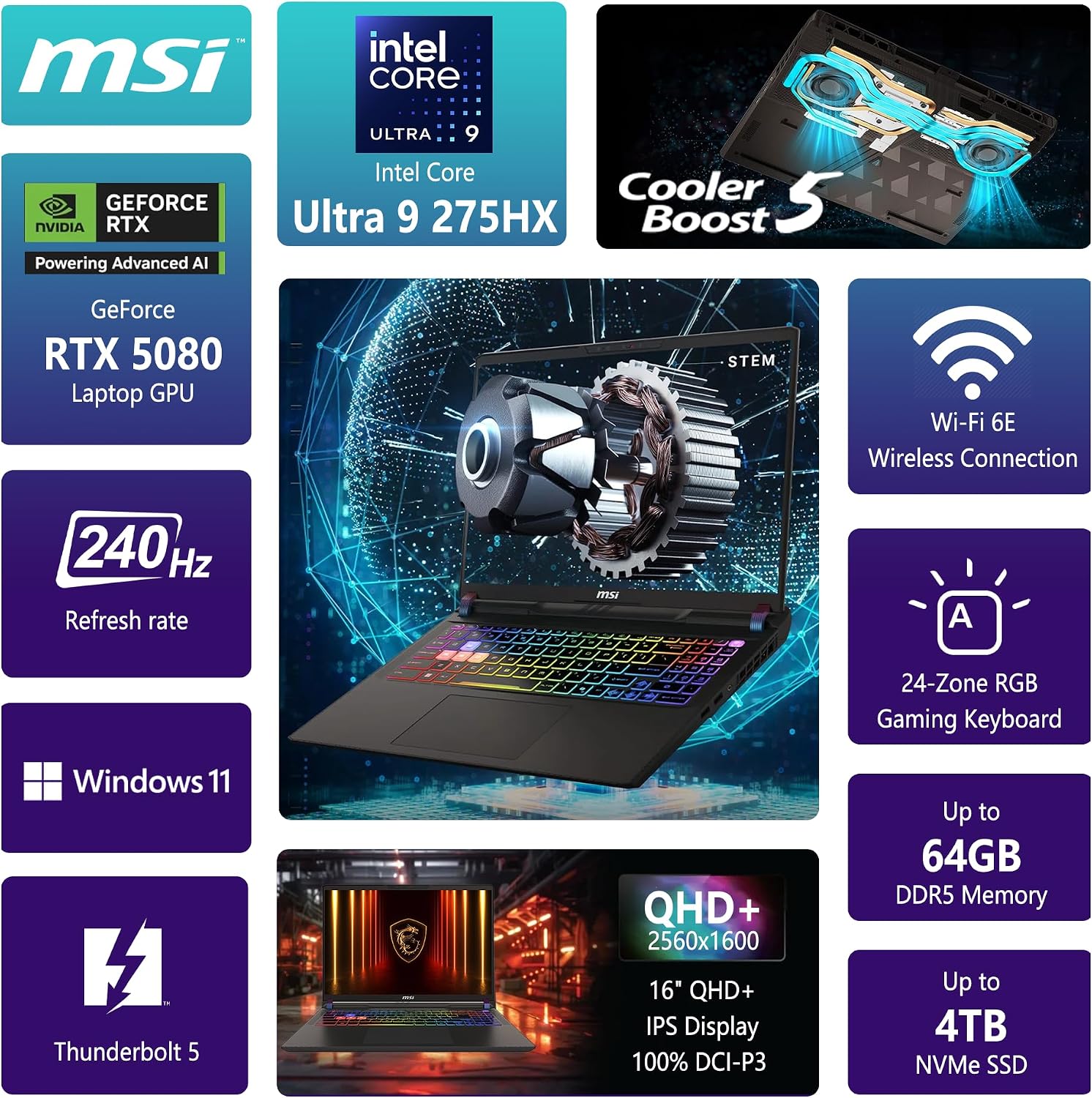 msi Vector 16 HX AI Gaming Laptop | 16' QHD+ IPS 240Hz | Intel Core Ultra 9 275HX | 32GB DDR5 1TB SSD | GeForce RTX 5080 (Up to 1334 AI Tops) | RGB Backlit Thunderbolt 5 Win11 Pro w/DLCA Accessory